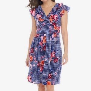 Chris McLaughlin Blue Gingham Floral Dress Size 4 Ruffle Sleeve Fit & Flare